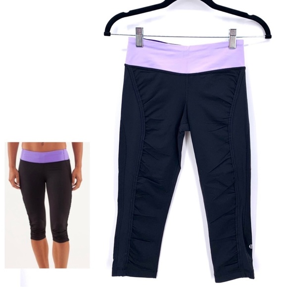Lululemon Women’s Black Purple Ruffle Ruched Running Leggings Size 4 - Picture 1 of 7
